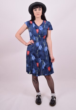 VINTAGE 90'S BLUE FLOWER PRINT FESTIVAL DRESS SIZE 8 TO 10