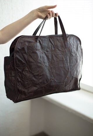 VINTAGE 70'S BROWN LEATHER PATCHES BAG