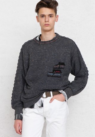 VINTAGE GREY CARLO COLUCCI ROUND NECK KNIT JUMPER SWEATER