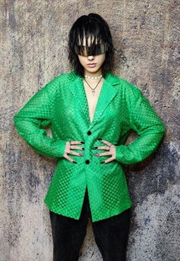 Transparent blazer see through mesh jacket check coat green