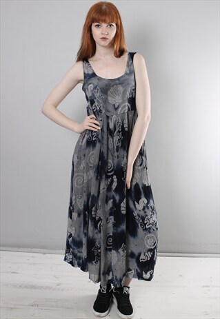 VINTAGE 90S GREY TIE DYE PATTERNED LONG FESTIVAL DRESS