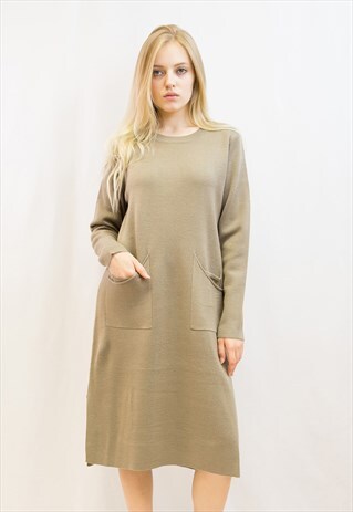 OVERSIZED LONG SLEEVE TUNIC KNIT JUMPER DRESS IN BEIGE COLOR