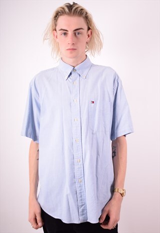 TOMMY HILFIGER MENS VINTAGE SHIRT LARGE BLUE 90S