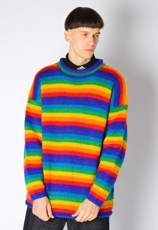 VINTAGE 80S COLOURFUL STRIPED RAINBOW KNIT THICK WOOL JUMPER