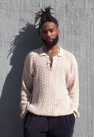 90S GRUNGE LUXURY BEIGE CABLE KNIT LINEN BLEND POLO JUMPER
