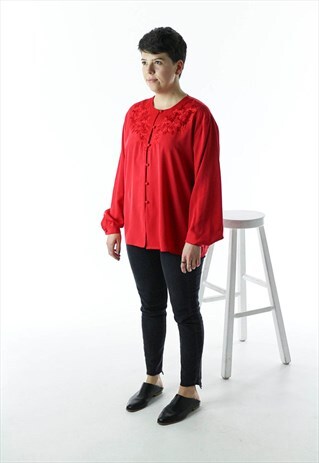 LONG SLEEVE RED SILKY BLOUSE / EMBROIDERED DETAILS TOP