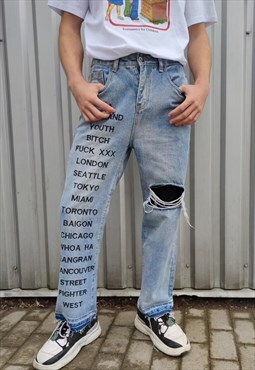 Reworked city slogan embroidered jeans ripped denim overalls