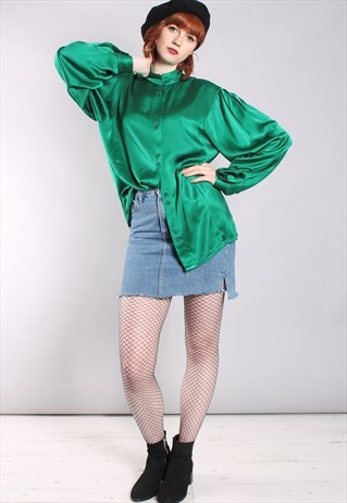 VINTAGE 80S SATIN EMERALD GREEN BATWING BLOUSE