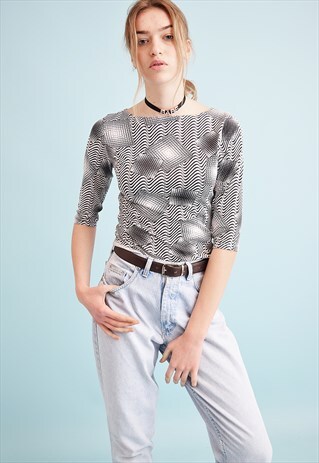 90'S RETRO KITSCH STRIPED OPTICAL PRINT LYCRA TEEN TOP