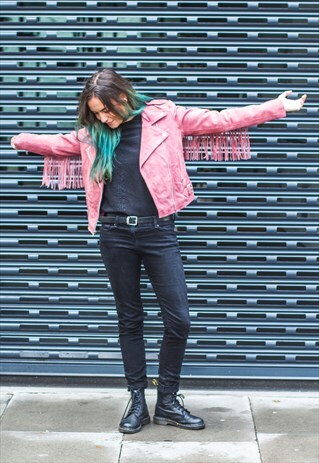 PINK SUEDE FRINGE BIKER JACKET