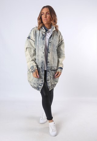 ACID WASH DENIM JACKET LONG LONGLINE OVERSIZED UK 16 (E1V)