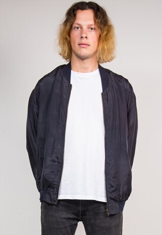 90'S VINTAGE DARK BLUE SILK BOMBER JACKET