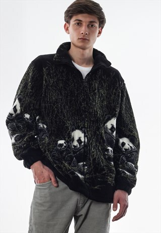 VINTAGE PANDA GRAPHIC FULL ZIP JACKET PILE 90S BLACK