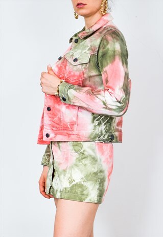 TIE DYED SET JACKET AND SKIRT TWO PIECE REWORKED DENIM M