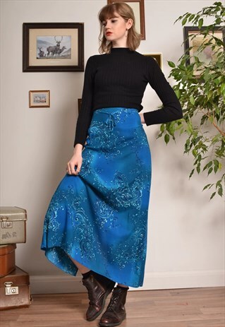 VINTAGE PAISLEY PATTERNED MAXI SKIRT IN BLUE