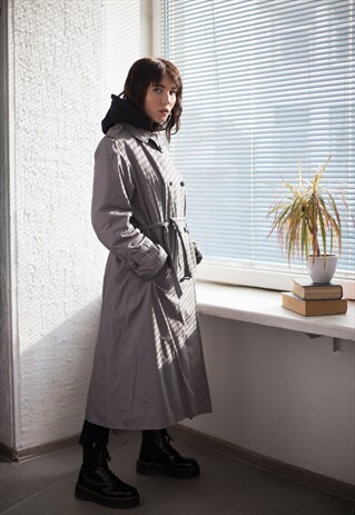 VINTAGE 80'S DOUBLE BREASTED BELTED WARM TRENCH COAT IN GREY