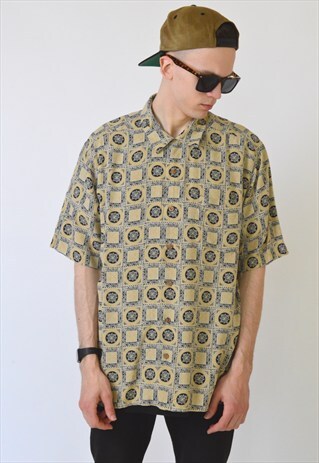 VINTAGE 90S BEIGE ORNAMENTAL SILK SHORT SLEEVE SHIRT