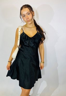 Vintage Size S Satin Mini Slip Dress in Black