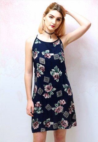 1990S VINTAGE BLUE CAMI MINI DRESS WITH PINK ROSE PRINT