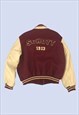VINTAGE CREAM BURGUNDY RED LEATHER VARSITY BOMBER JACKET 