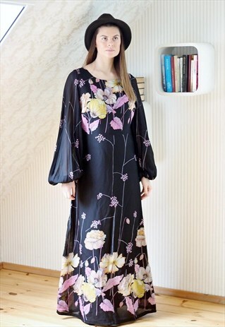 BLACK MAXI FLORAL WIDE SLEEVE DRESS