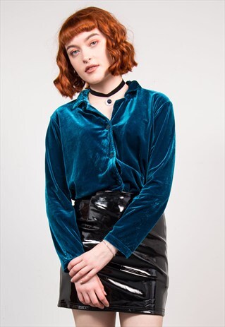 VINTAGE 90'S DEEP BLUE VELVET SHIRT
