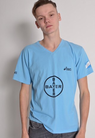 VINTAGE ASICS V NECK T-SHIRT BLUE