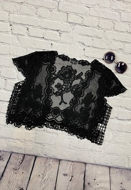 Black Cropped Sheer Crochet Cardigan