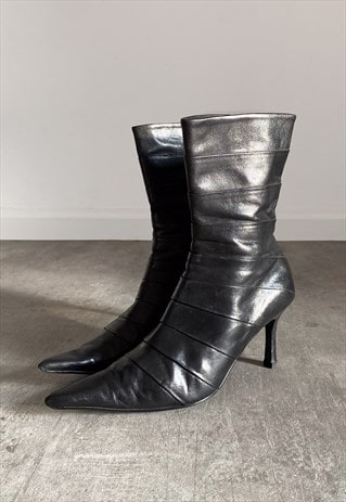 Vintage real leather black high heel ankle boots
