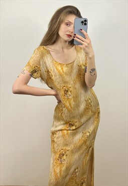 Short Sleeve Chiffon Tiger Print Maxi Dress, Animal Print
