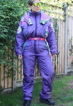Vintage 1990s printed colour block ski suit in purple