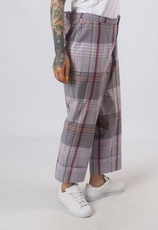 HIGH WAISTED TROUSERS TARTAN WIDE TAPERED UK 16 (72J)