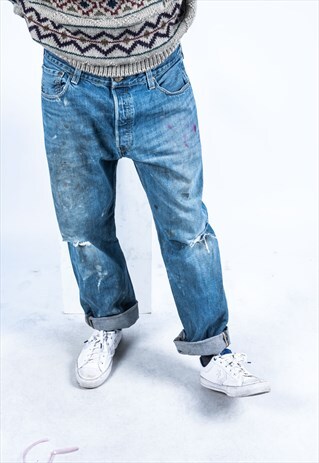 VINTAGE LEVI'S 501 JEANS IN BLUE DENIM WITH RIPS PAINT MARKS