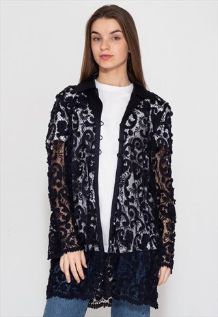 VINTAGE NAVY LONG SLEEVE SEE THROUGH LONG LACE SHIRT