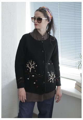 VINTAGE 60'S BLACK WOOL EMBROIDERED CARDIGAN