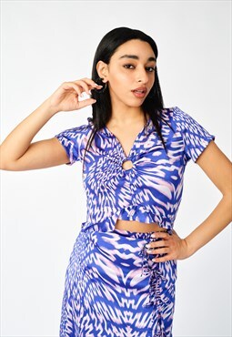 Blue Tie Dye Spiral Print Circle Front Satin Look Top