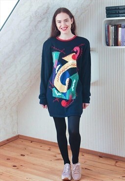 Navy knitted long vintage jumper with colourful applications