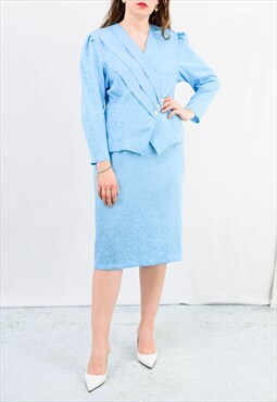 Blue two piece set vintage 80s skirt and blouse suit XL