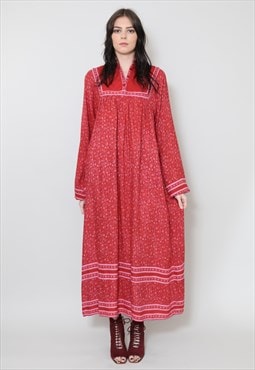 Vintage 70's Dress Ladies Red Indian Cotton Floral Midi 