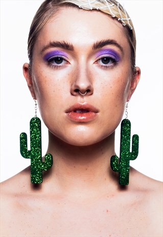 GREEN GLITTER XL CACTUS EARRINGS
