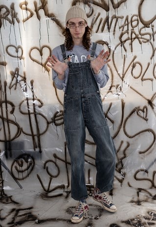 90's Vintage workers festival denim overalls in dark wash