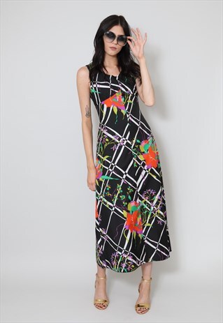 70'S VINTAGE LADIES DRESS SLEEVELESS BLACK FLORAL MAXI