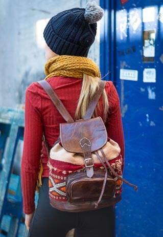 80'S STYLE BOHEMIAN LEATHER & CARPET RUCKSACK