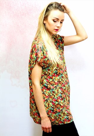 1990S VINTAGE BRIGHT FLORAL PRINT BUTTON UP BLOUSE