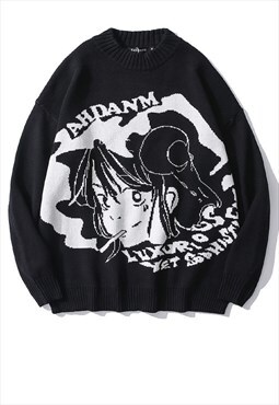 Anime print knitwear jumper i-girl top in black 