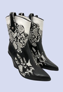 Black White Faux Leather Snake Western Cowboy Boots