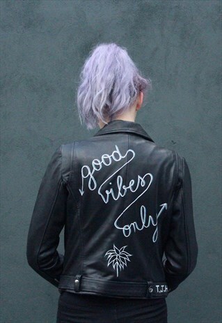 HAND PAINTED GOOD VIBES ONLY FAUX LEATHER JACKET