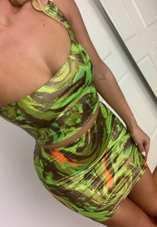 ASYMMETRIC RING TOP & SKIRT CO-ORD IN LIME SWIRL