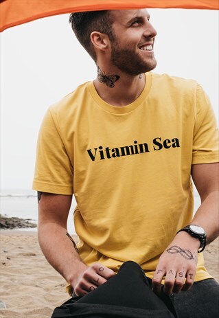 'VITAMIN SEA' MENS SLOGAN T-SHIRT IN YELLOW