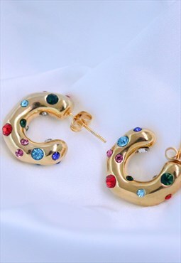 Multi gemstone gold hoop earrings